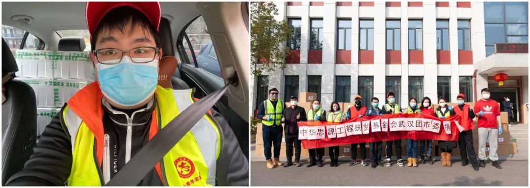 左圖：10輛轎車后座和后備箱堆滿了菜，出發(fā)送給社區(qū)；右圖：各位志愿者協(xié)助接收消毒防護物資